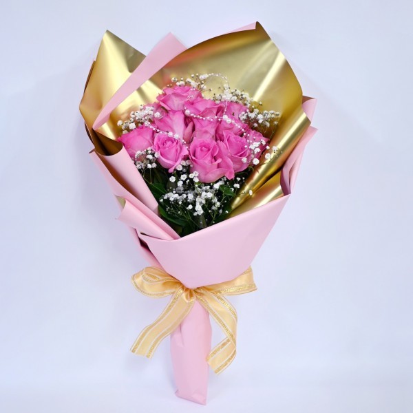 [ROSEGIFT] パールリボン プレミアムローズ 大輪バラの花束 ピンク 12本